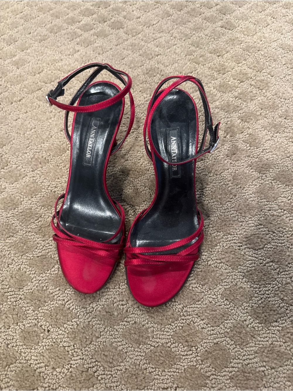 Ann Taylor Red Strappy Satin Ankle‑Wrap Heels